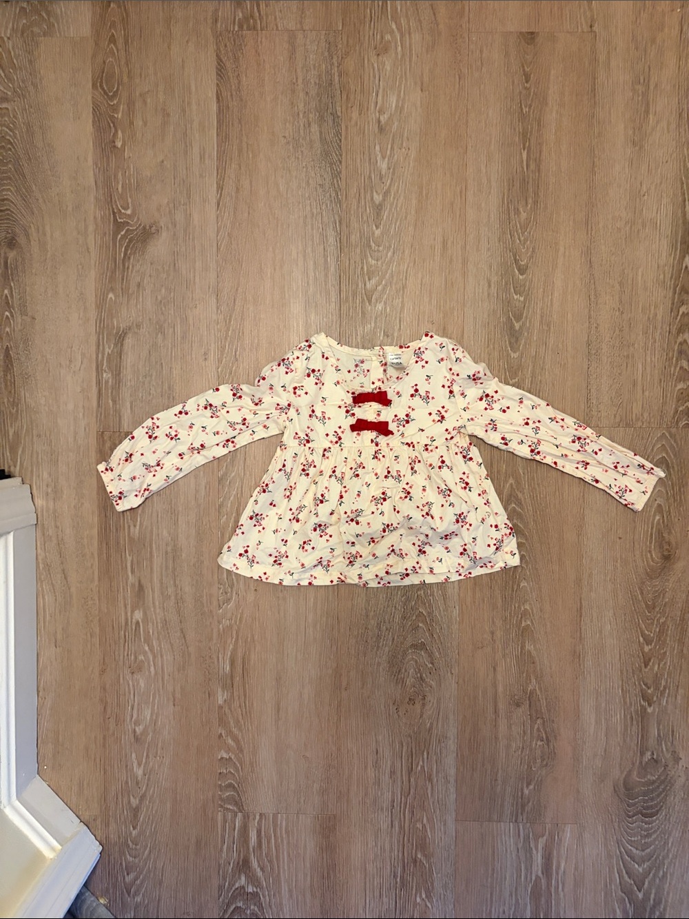 Carter's Cream Long-Sleeve Floral Top with Red Bow Accents